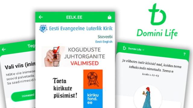 Vironkielisen Domini Life -mobiilisovelluksen ruutunäkymiä.