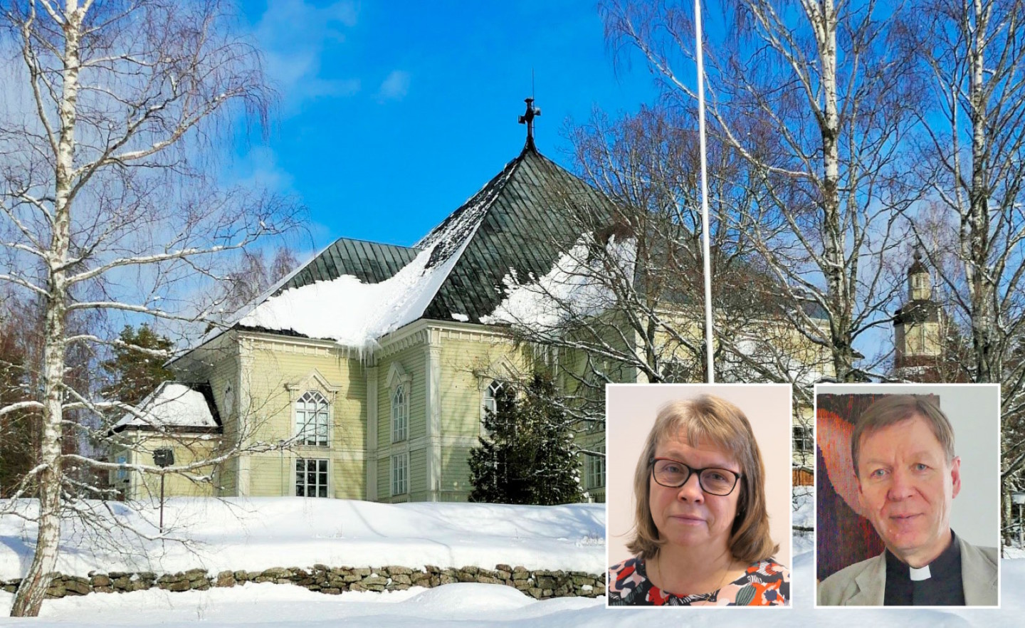 Kangasniemen kirkko talvella sekä Outi Virtakallio ja Matti Tolvanen.