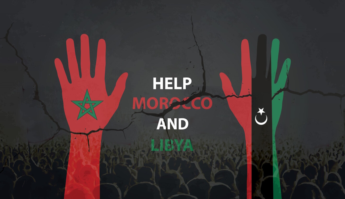 Kaksi kättä pystyssä ja teksti Auta Marokkoa ja Libyaa.